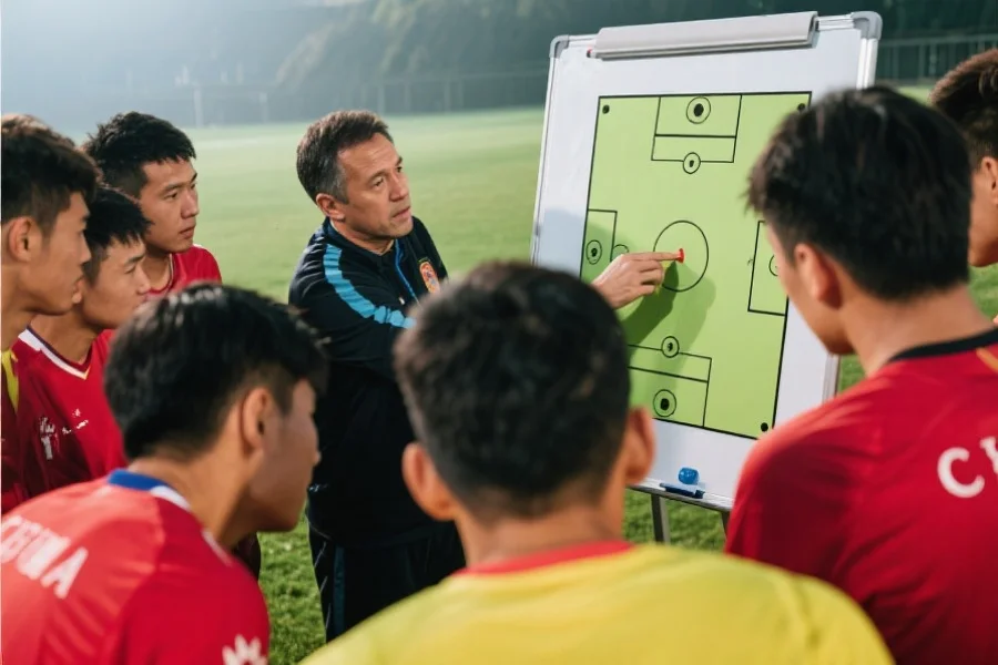 一张教练在战术板上布置战术，球员们围在一起认真聆听的特写镜头，展现团队精神和战术安排